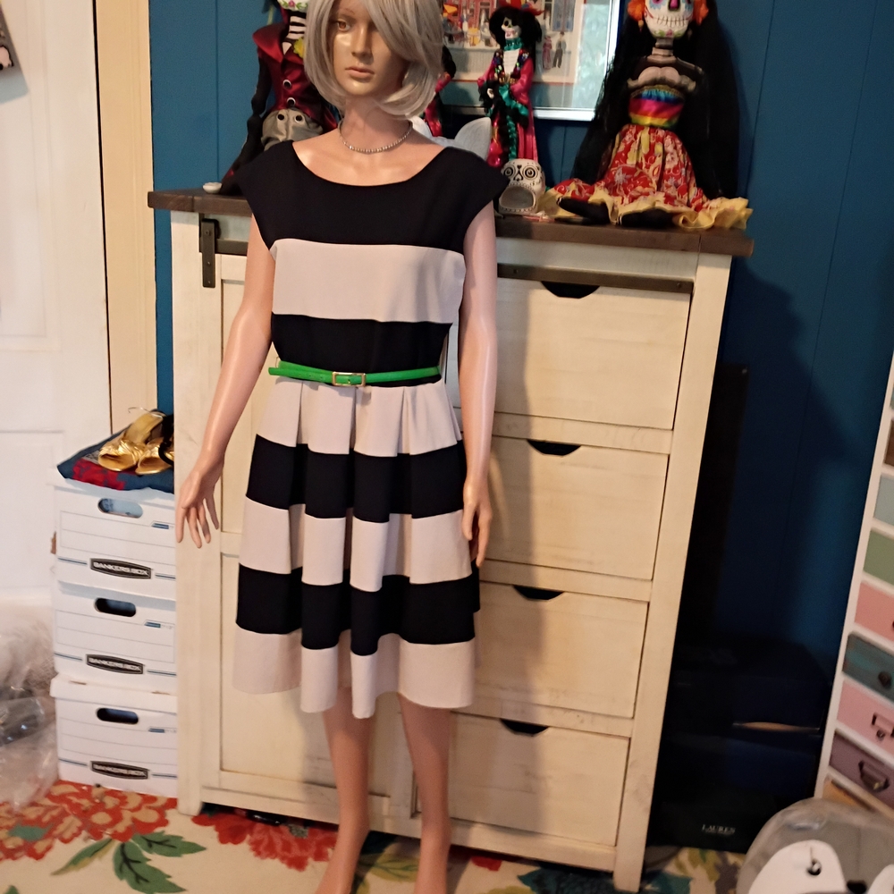 Tiana B Striped Black and White Dress with Green Belt